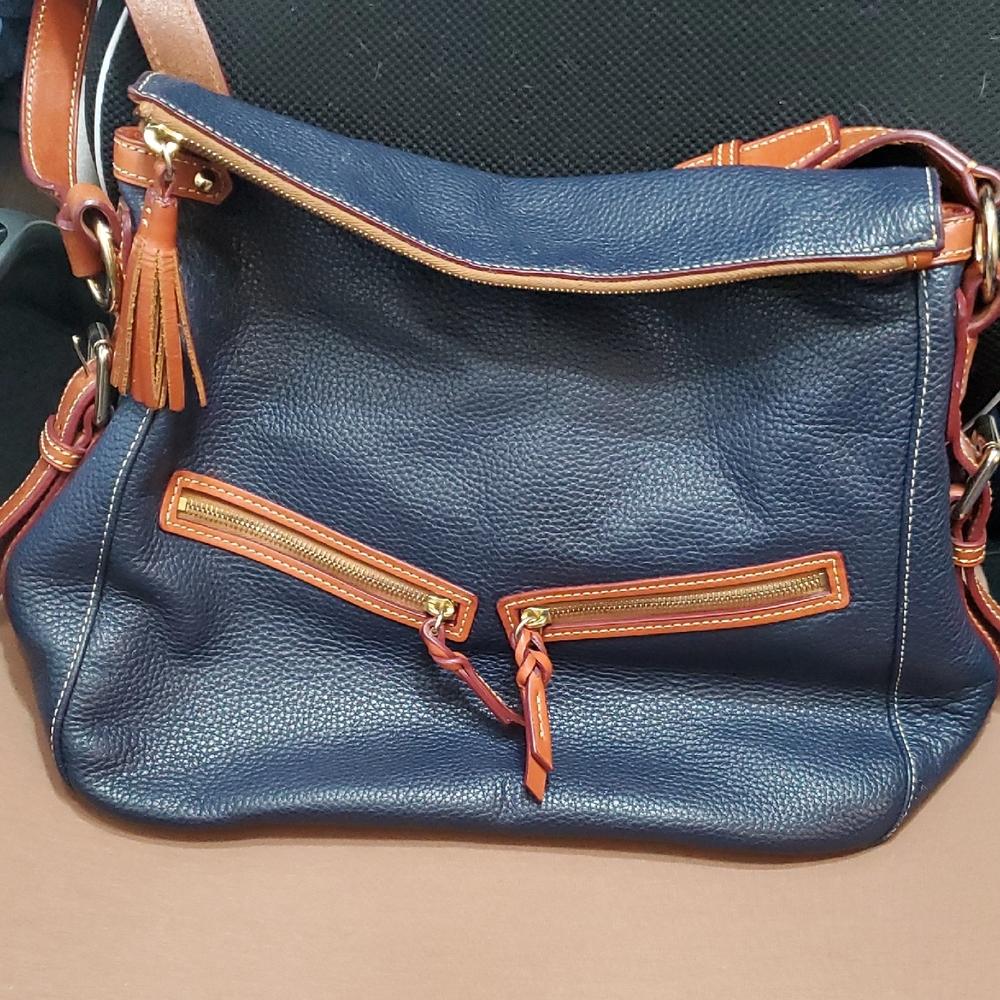Navy and Tan Pebble Leather East West Sac Shoulder Bag